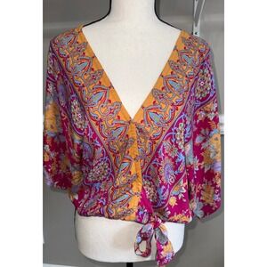 Sea Lustre Pink Floral Paisley Kimono Wrap Tie Front Top One Size Boho Blouse L